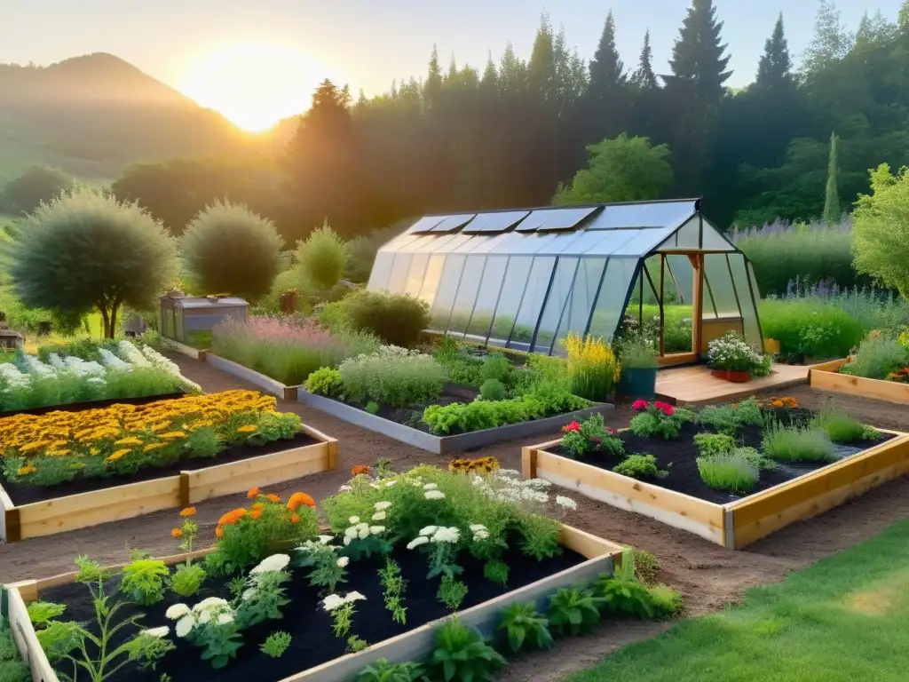 Granja de permacultura biodiversa al atardecer Granja de permacultura con camas elevadas, árboles frutales y invernadero, rodeada de plantas nativas y flores en un atardecer cálido y biodiverso