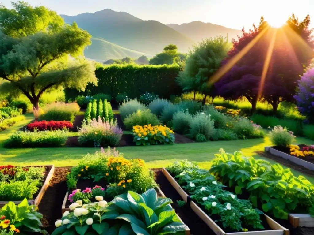 Una granja de permacultura próspera con camas elevadas ordenadas, árboles frutales, verduras y flores