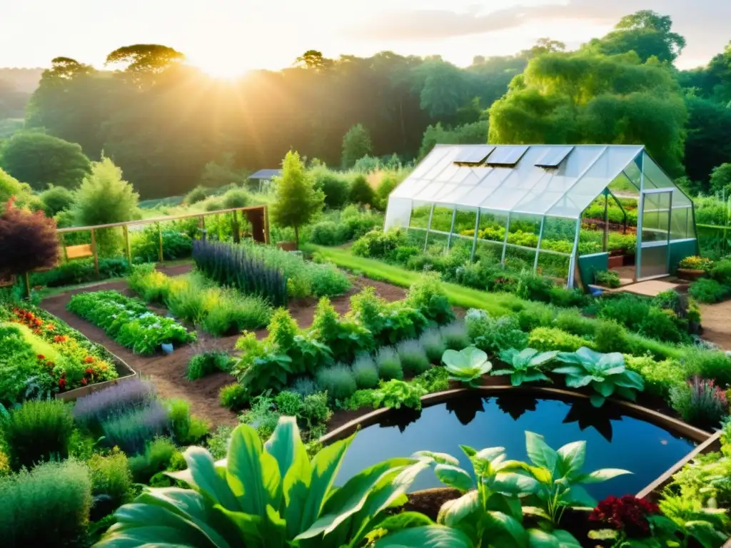 Granja permacultural: Armonía y abundancia en la naturaleza Una granja permacultural exuberante y armoniosa, con camas elevadas de verduras, frutas y hierbas
