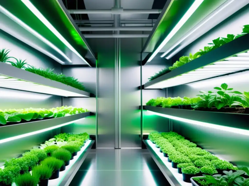 Una granja vertical interior de agricultura orgánica en interiores urbanos con hortalizas vibrantes bajo luces LED