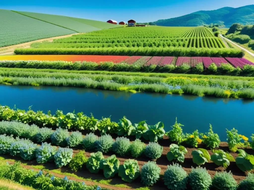 Granja orgánica vibrante con cultivos coloridos y moderno centro de distribución, desafíos logísticos distribución alimentos orgánicos