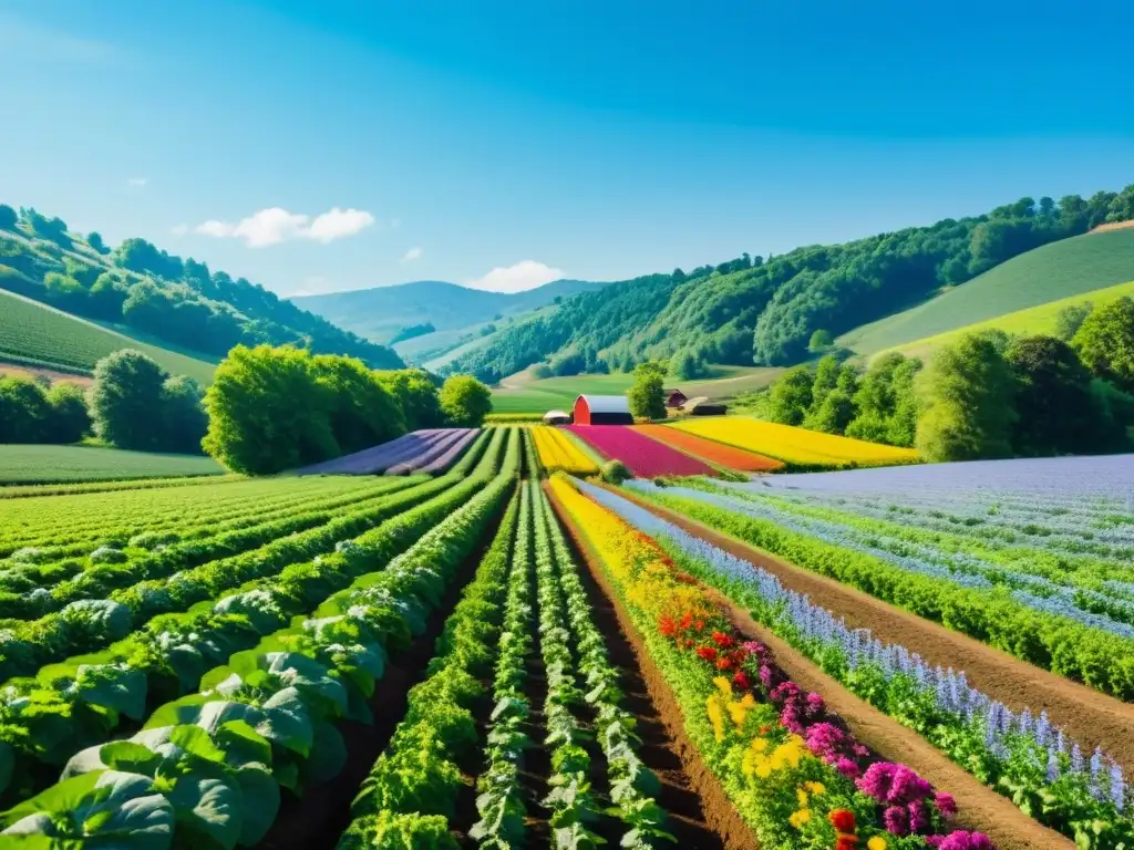 Granja orgánica vibrante con cultivos coloridos y saludables, rodeada de naturaleza, en armonía con el entorno