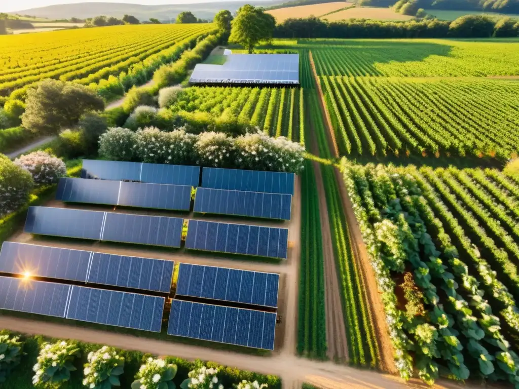 Granja orgánica vibrante con cultivos en filas, bañada por el sol