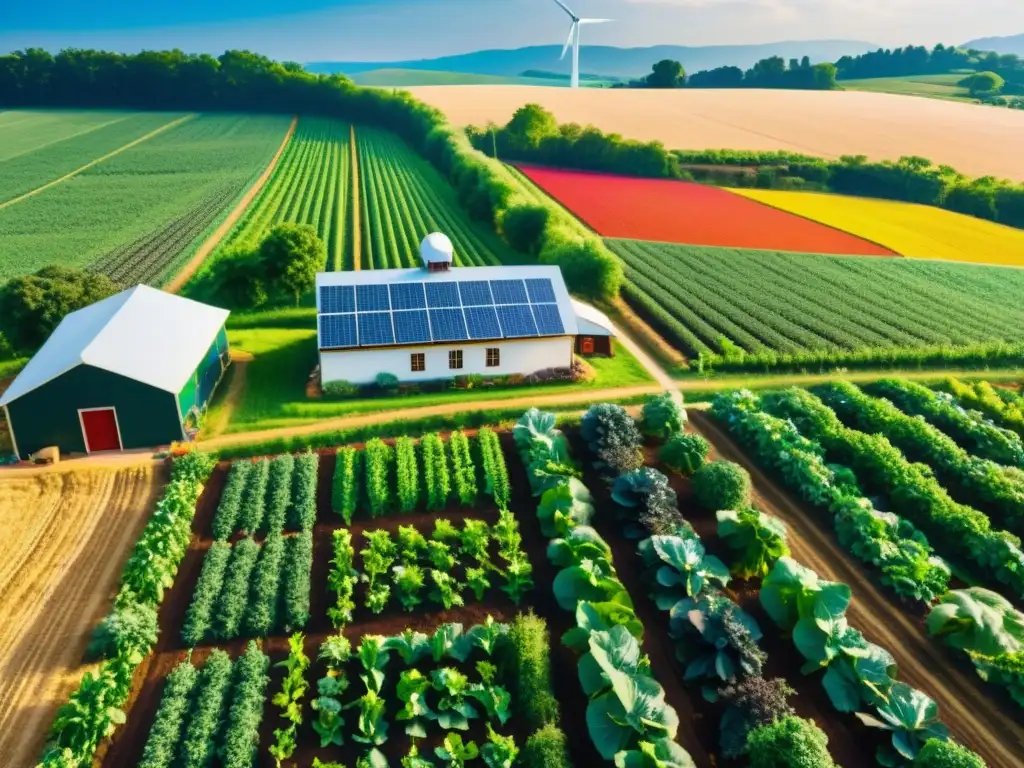 Granja orgánica vibrante con cultivos diversos, libres de químicos