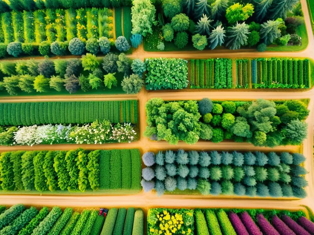 Granja orgánica vibrante con diversidad de cultivos y vida silvestre, mostrando estrategias de biodiversidad en agricultura