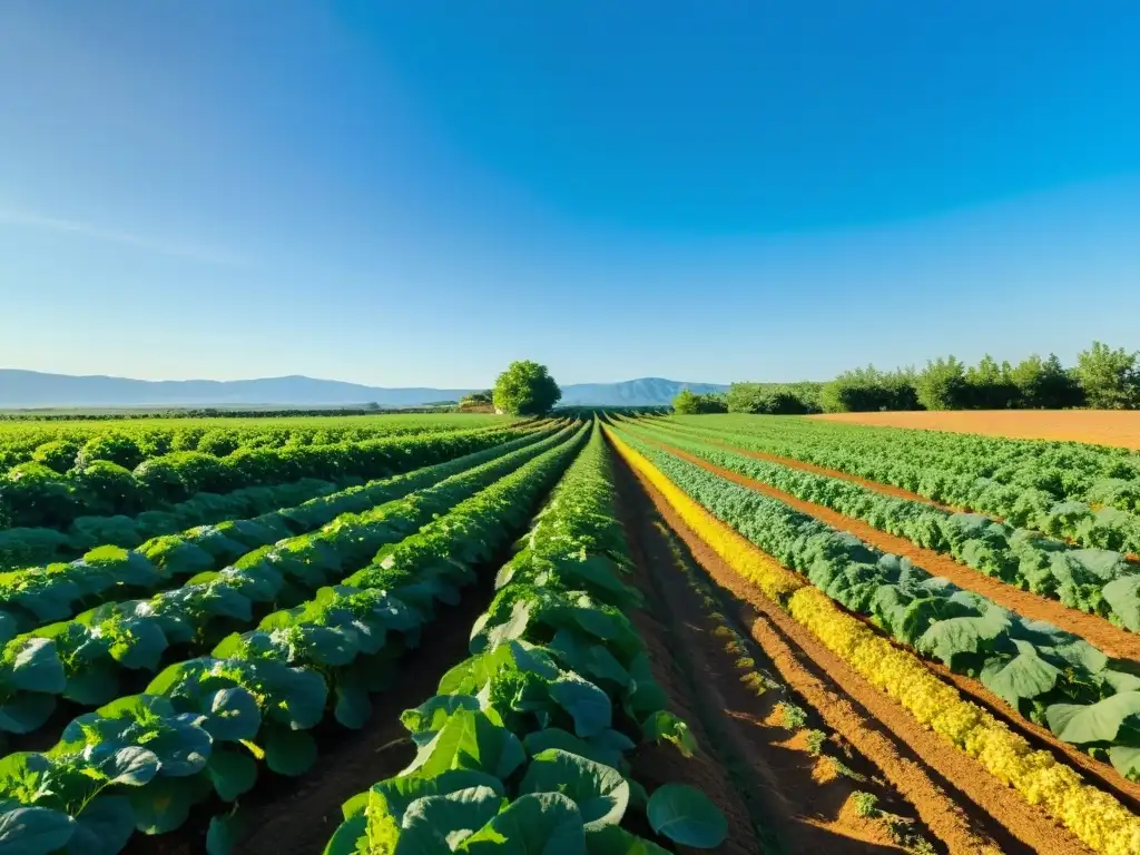 Granja orgánica vibrante y frondosa con cultivos diversos bajo el cielo azul