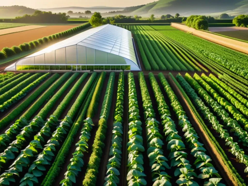 Granja orgánica vibrante y moderna, con cultivos alineados y un invernadero integrado