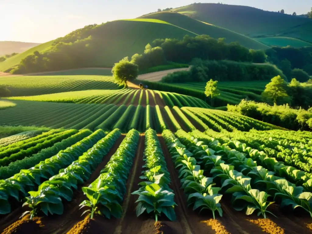 Un granjero cultiva con amor un campo orgánico, reflejando armonía y cuidado en técnicas de cultivo orgánico sostenible