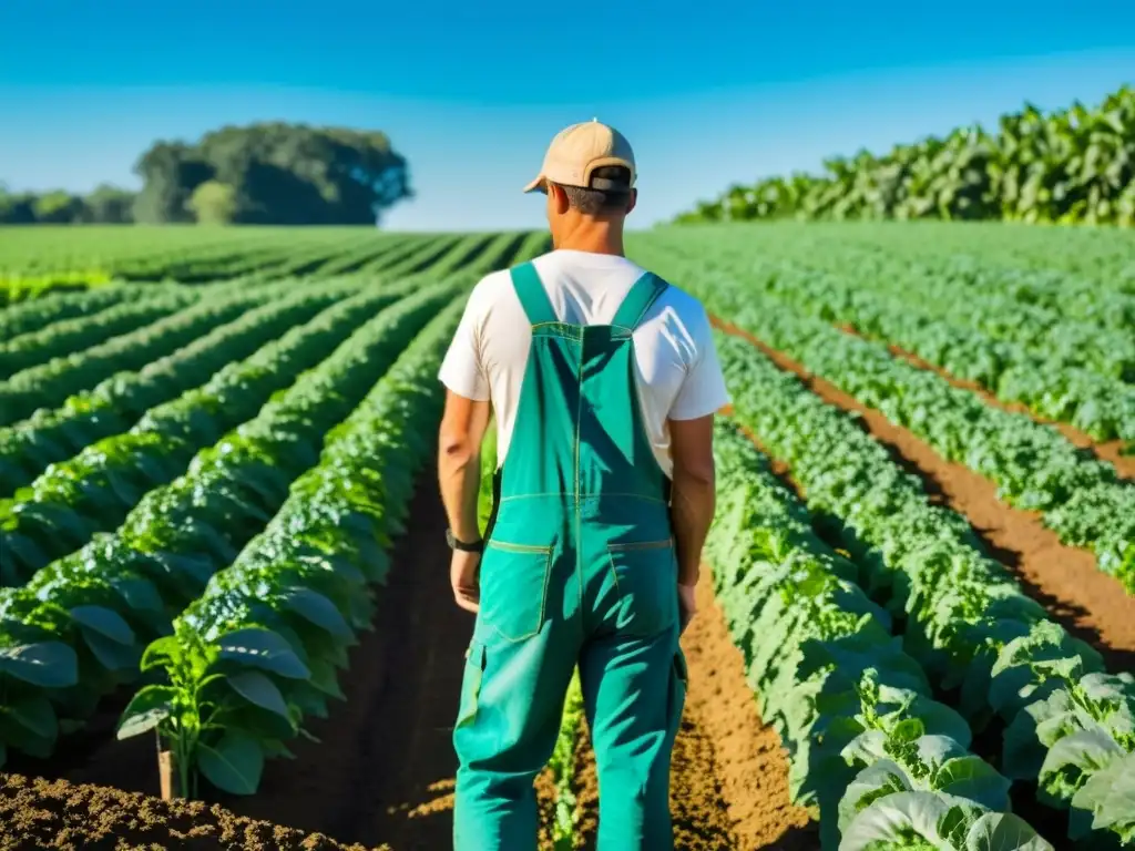 Un granjero cuida con amor cultivos orgánicos en temporada, en una próspera y soleada finca