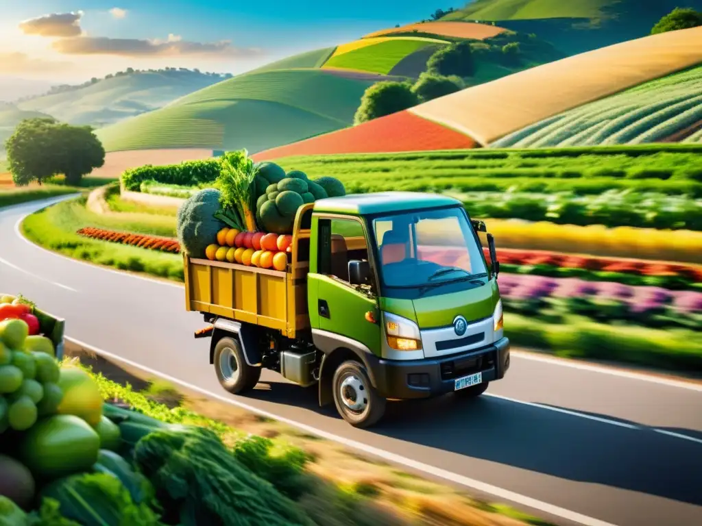 Un granjero conduce un camión eléctrico cargado de frutas y verduras orgánicas, en un campo verde