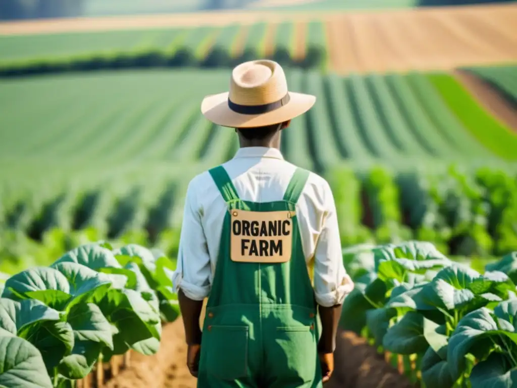 Un granjero inspecciona su campo de cultivo orgánico bajo el sol