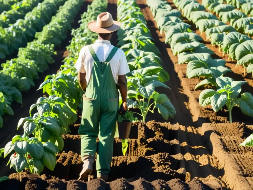 Un granjero esparciendo compost alrededor de plantas de tomate