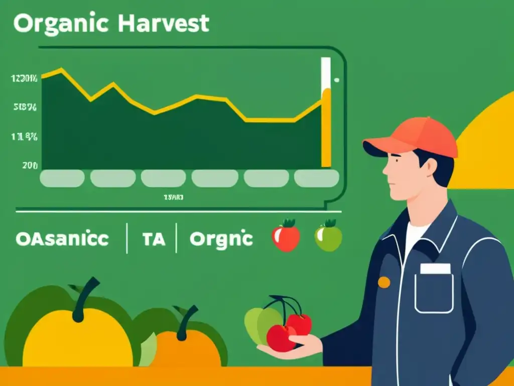 Un granjero inspecciona orgullosamente su cosecha mientras la analítica web impulsa estrategias publicitarias en la industria de alimentos orgánicos