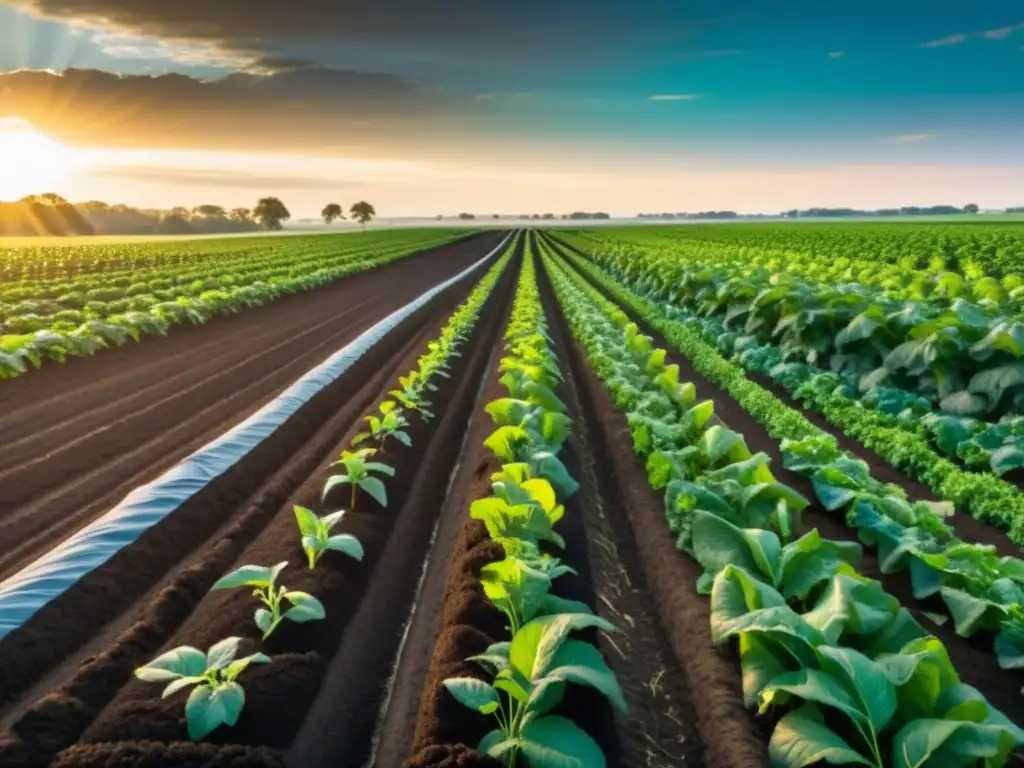 Un granjero aplica con cuidado compost orgánico en un próspero paisaje agrícola al atardecer, reduciendo la huella de carbono