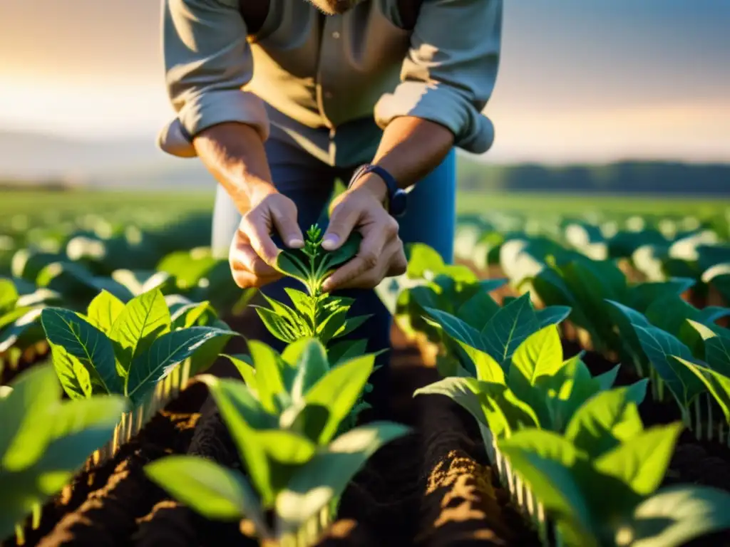 Un granjero examina con cuidado sus cultivos orgánicos bajo el sol, mostrando la coexistencia de CRISPR y alimentos orgánicos