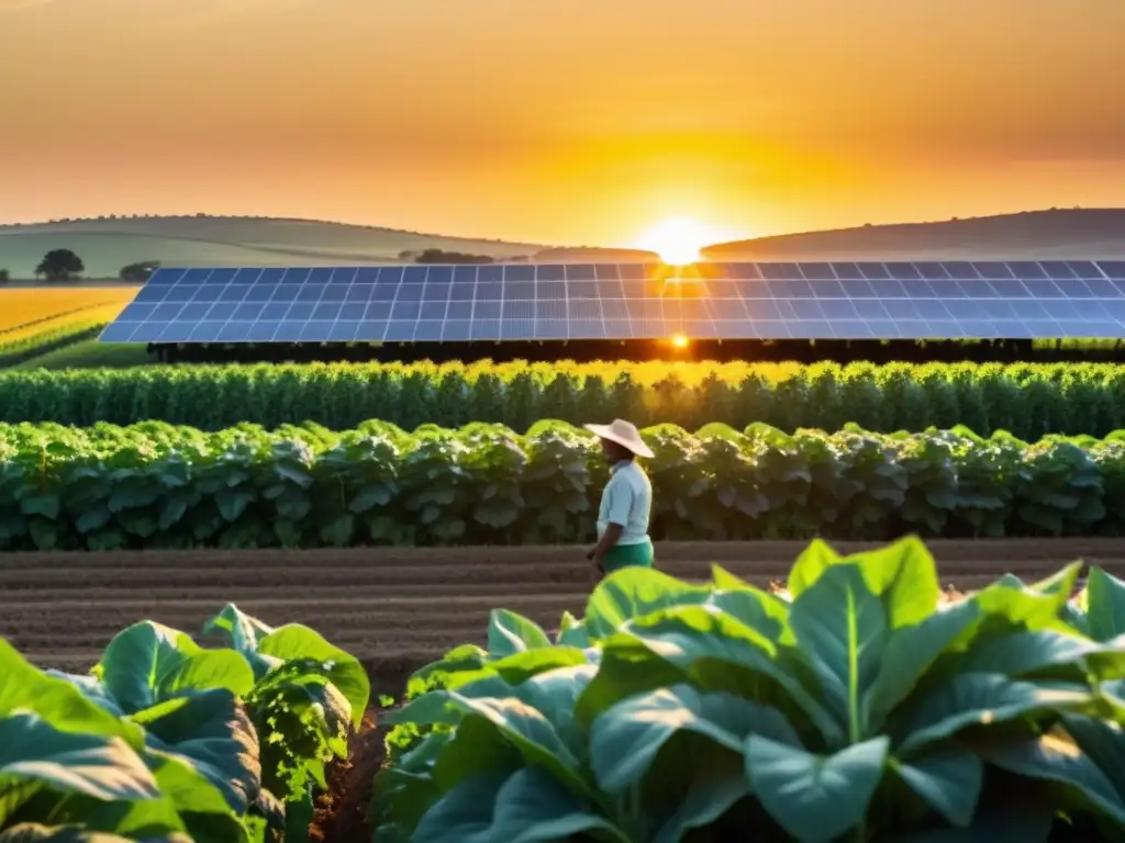 Un granjero cuida de cultivos en una granja orgánica bañada por la luz solar, con paneles solares al fondo