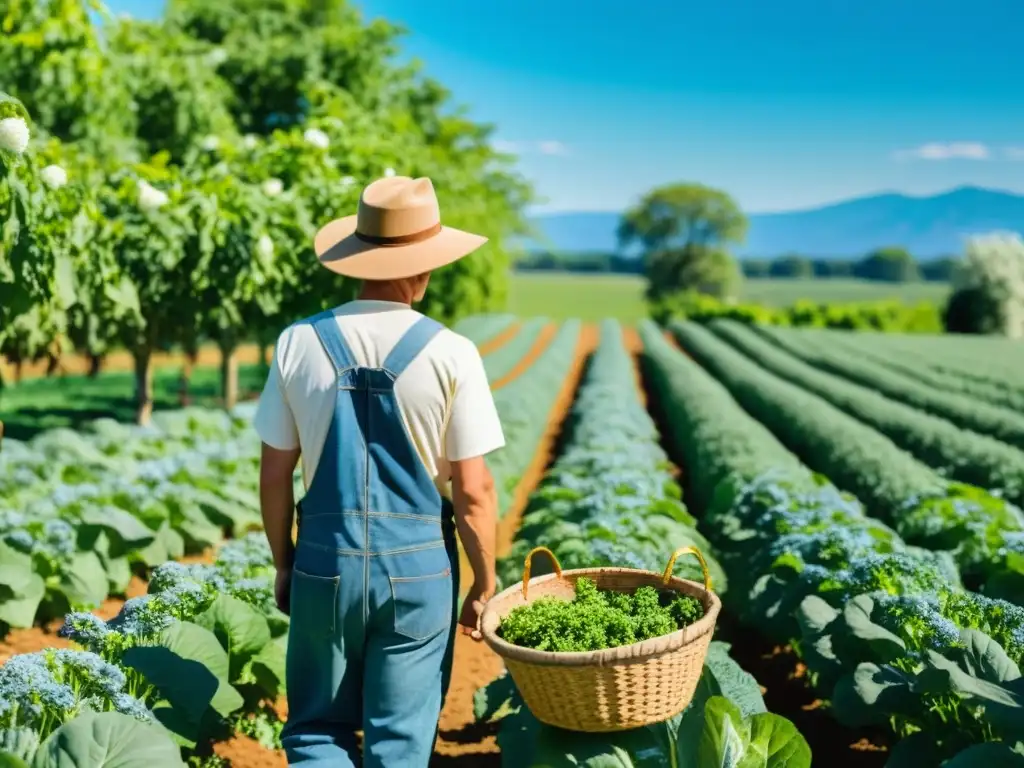 Un granjero cuida de cultivos orgánicos en un día soleado, con abejas y un cielo azul