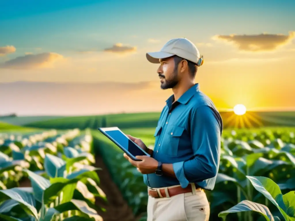 Granjero experto examina datos de cosecha, mostrando conectividad rural en agricultura orgánica con moderna tecnología