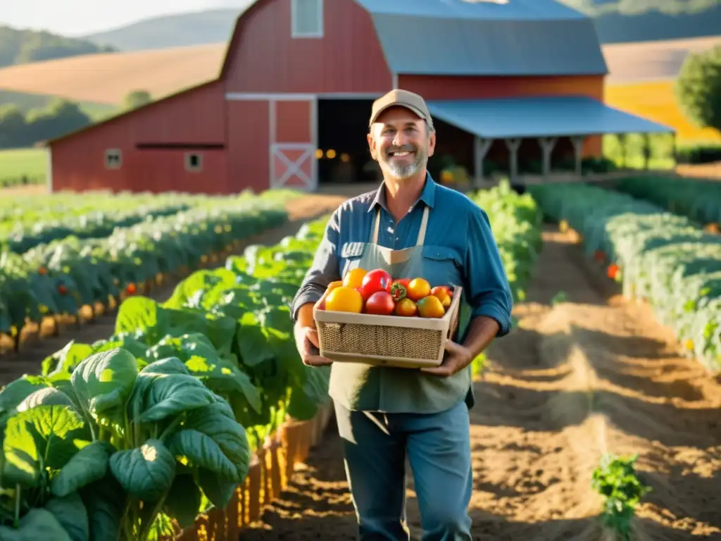 Un granjero disfruta del sol en un campo orgánico, recolectando verduras frescas