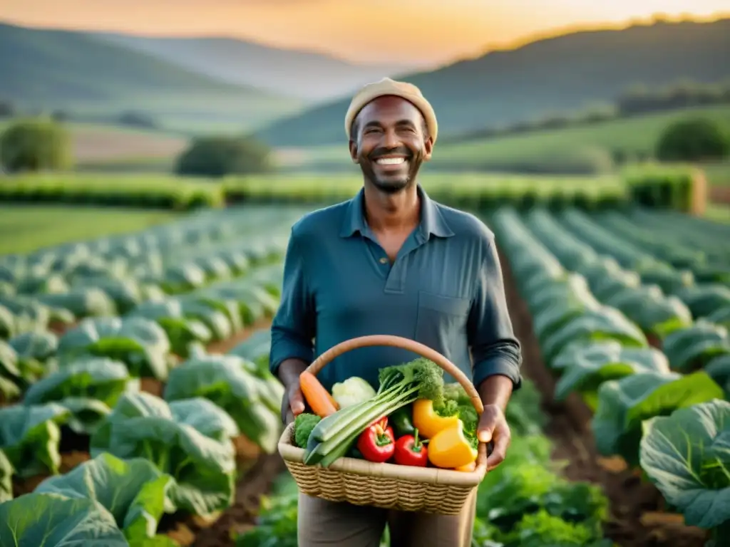 Un granjero sonriente en un campo orgánico, sosteniendo una cesta de verduras recién cosechadas al atardecer