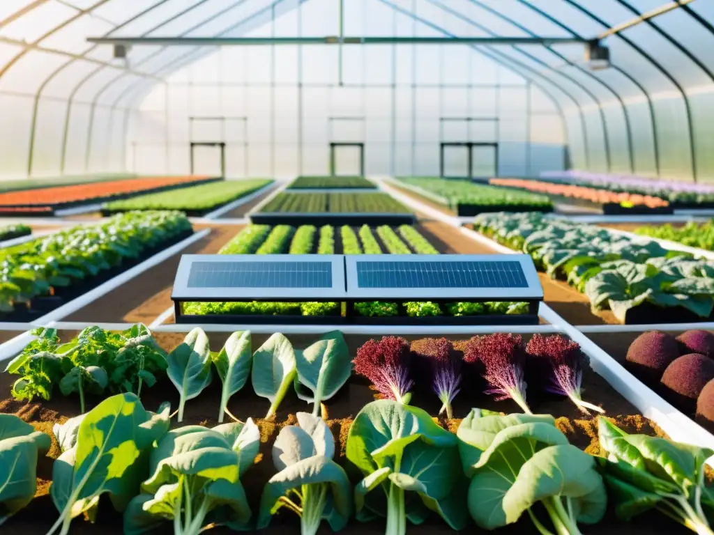 Greenhouse moderno con tecnología de datos y vegetales orgánicos vibrantes