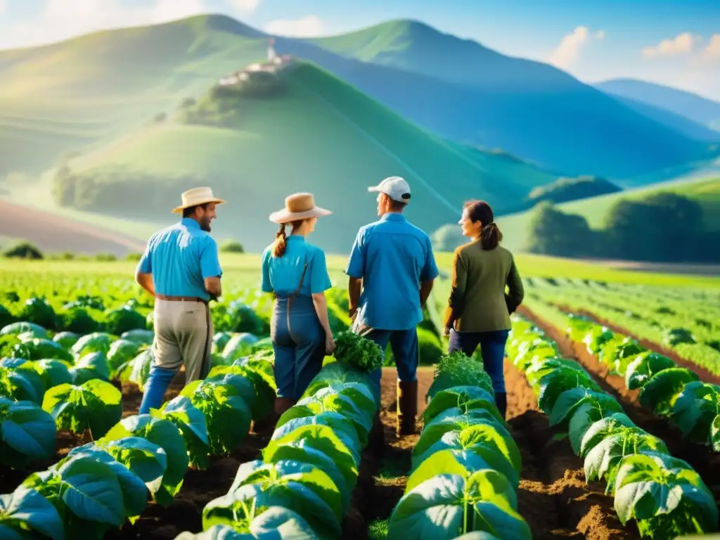 Grupo de agricultores en un campo exuberante, cuidando sus cultivos biodinámicos