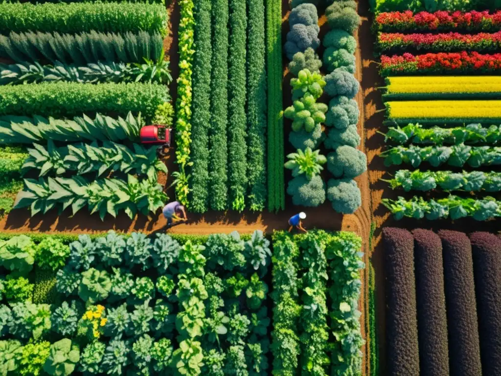 Grupo de agricultores cuidando de cultivos orgánicos en una granja exuberante y vibrante