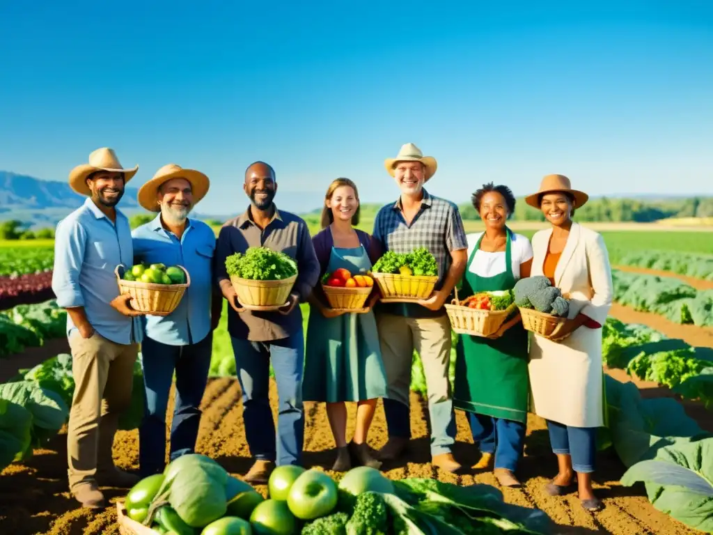 Grupo de agricultores diversos en un campo orgánico, recolectando frutas y verduras