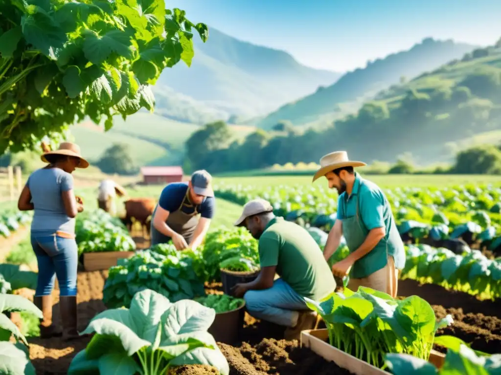 Un grupo de agricultores diversos trabajando juntos en una cooperativa agrícola orgánica, cuidando sus cultivos y animales con esmero y destreza