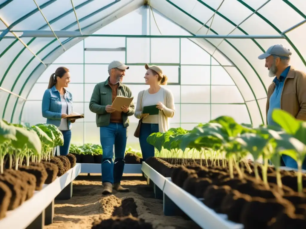 Grupo de agricultores orgánicos en taller de prevención enfermedades cultivos orgánicos, inspeccionando cultivos vibrantes en invernadero soleado