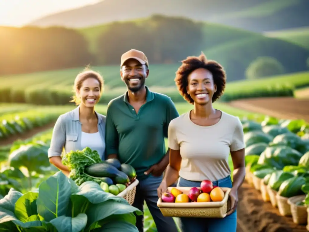 Un grupo de agricultores sonrientes en un campo orgánico bañado por el sol, rodeados de cestas de productos frescos