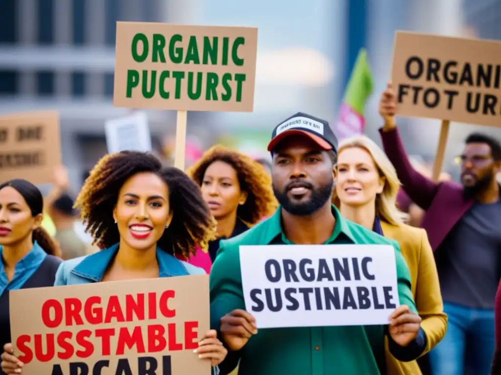 Un grupo apasionado sostiene carteles de protesta por alimentos orgánicos, desafiando a corporaciones