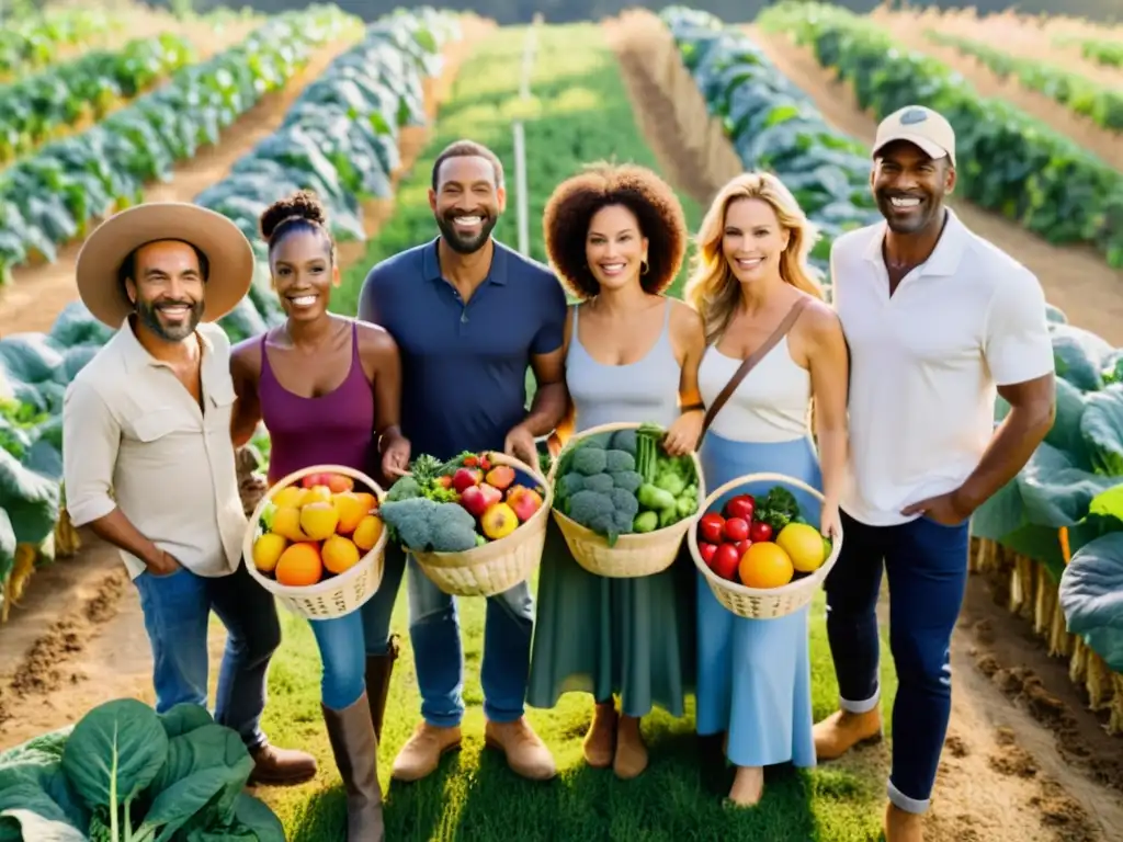 Grupo de celebridades promoviendo el impacto de consumo de productos orgánicos, sonrientes en campo vibrante con frutas y verduras frescas