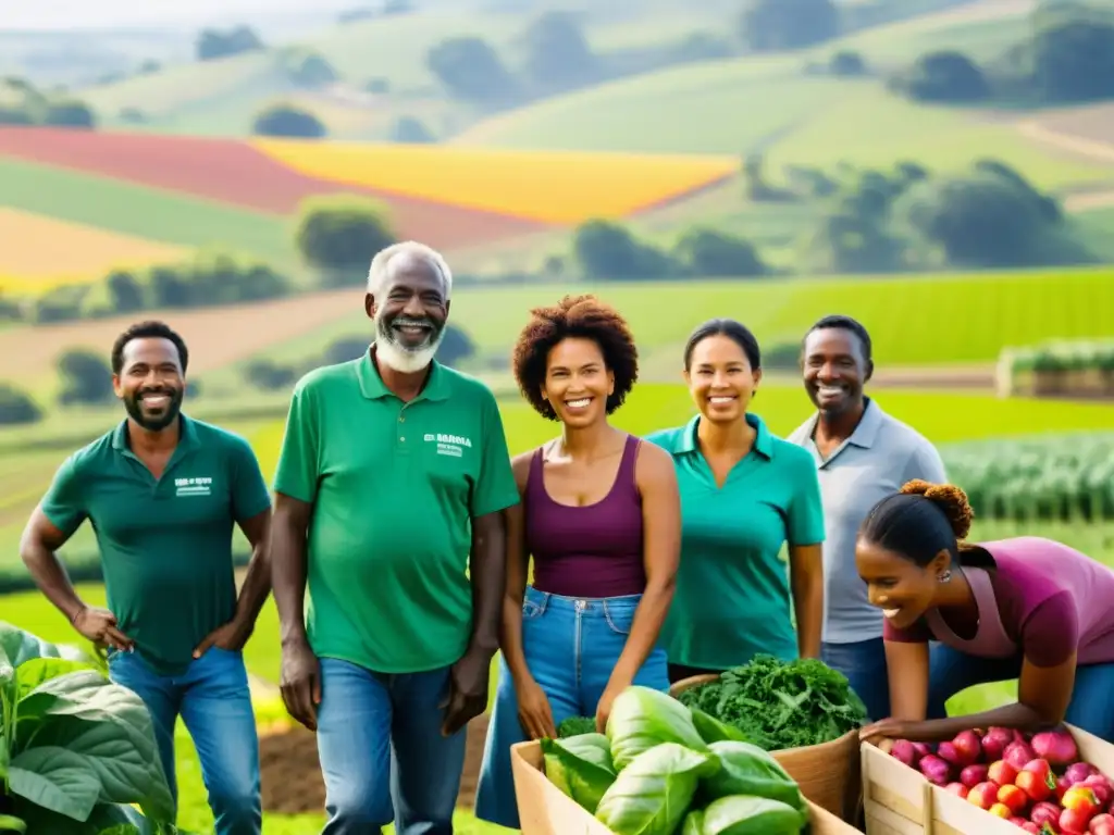 Un grupo diverso de agricultores y activistas trabajando juntos en una granja orgánica