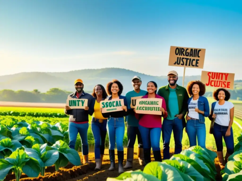 Un grupo diverso de agricultores y activistas en un campo orgánico, manifestando pacíficamente por la innovación en agricultura orgánica y movimientos sociales, evocando empoderamiento y unidad