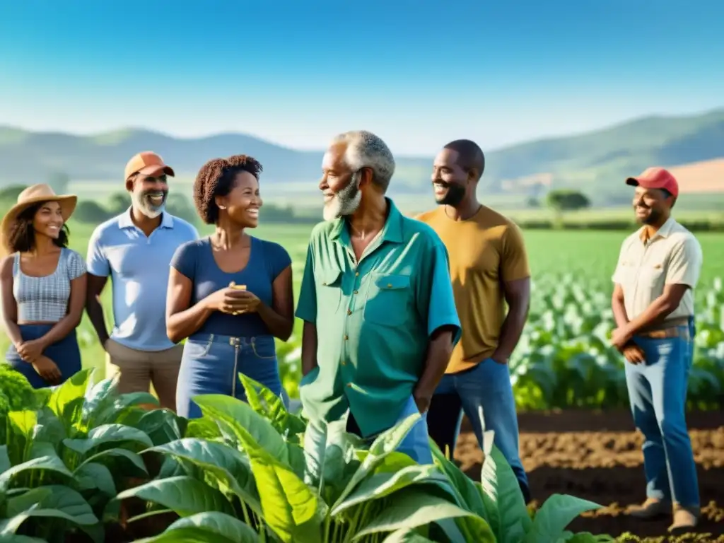 Grupo diverso de agricultores y activistas en una granja orgánica, compartiendo conocimientos y experiencias