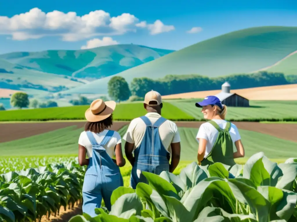 Un grupo diverso de agricultores trabaja en un campo orgánico bajo el sol