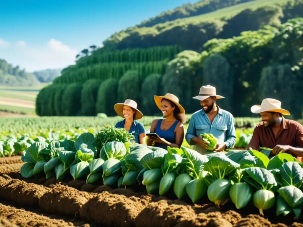 Un grupo diverso de agricultores inspecciona cultivos en una granja orgánica, irradiando comunidad y prácticas agrícolas sostenibles