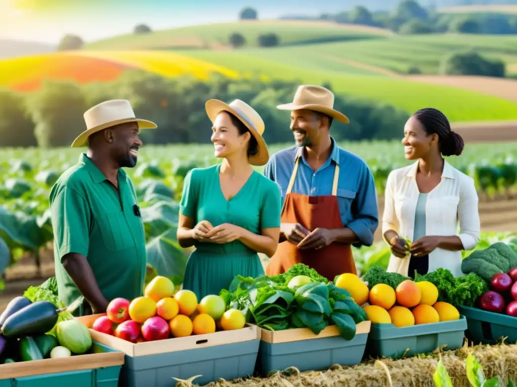 Grupo diverso de agricultores y investigadores cosechando frutas y verduras orgánicas en un campo exuberante