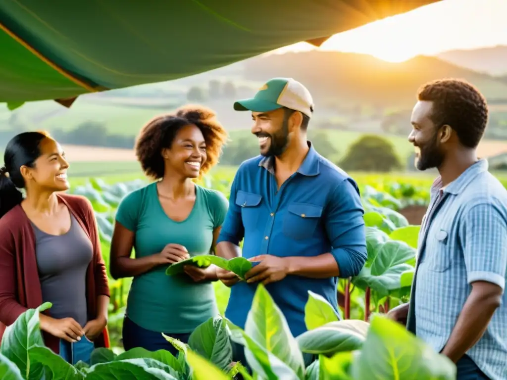 Grupo diverso de agricultores trabajando juntos en una granja orgánica, reflejando innovación en agricultura orgánica y movimientos sociales