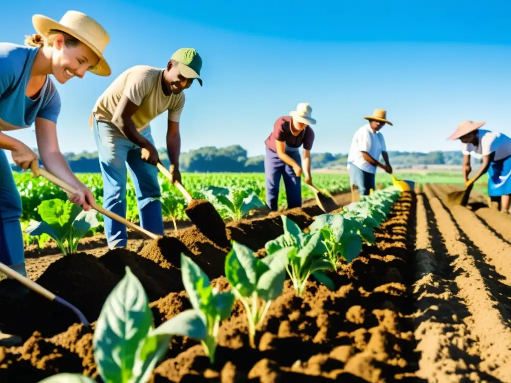 Un grupo diverso de agricultores y miembros de la comunidad trabajan juntos en un campo soleado, cuidando cultivos orgánicos