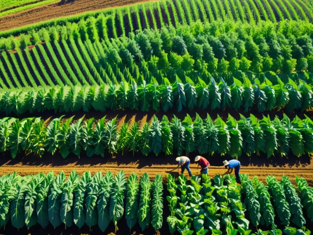 Un grupo diverso de agricultores orgánicos cuida sus cultivos en un campo soleado, destacando el impacto de las leyes de semillas en la agricultura