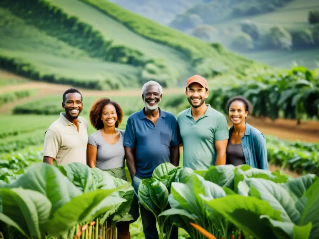 Un grupo diverso de agricultores sonrientes practican la agricultura orgánica en una exuberante granja