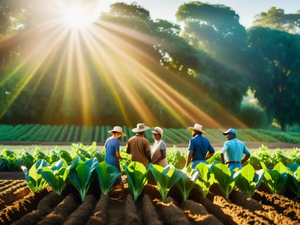 Grupo diverso de agricultores trabaja unido en un campo orgánico, reflejando el espíritu de los movimientos sociales acceso agricultura orgánica