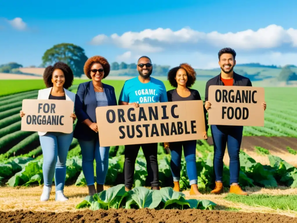 Grupo diverso defiende alimentos orgánicos y sostenibles en campo verde, expresando unidad y determinación