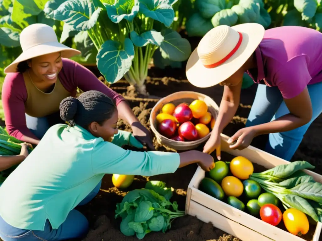 Un grupo diverso cosecha alimentos orgánicos en una granja soleada, transmitiendo la conexión con la naturaleza y la comunidad