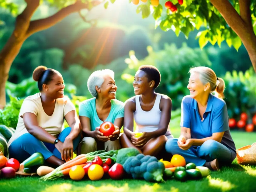 Grupo diverso disfruta de alimentos orgánicos en jardín vibrante, generando beneficios alimentos orgánicos salud mental