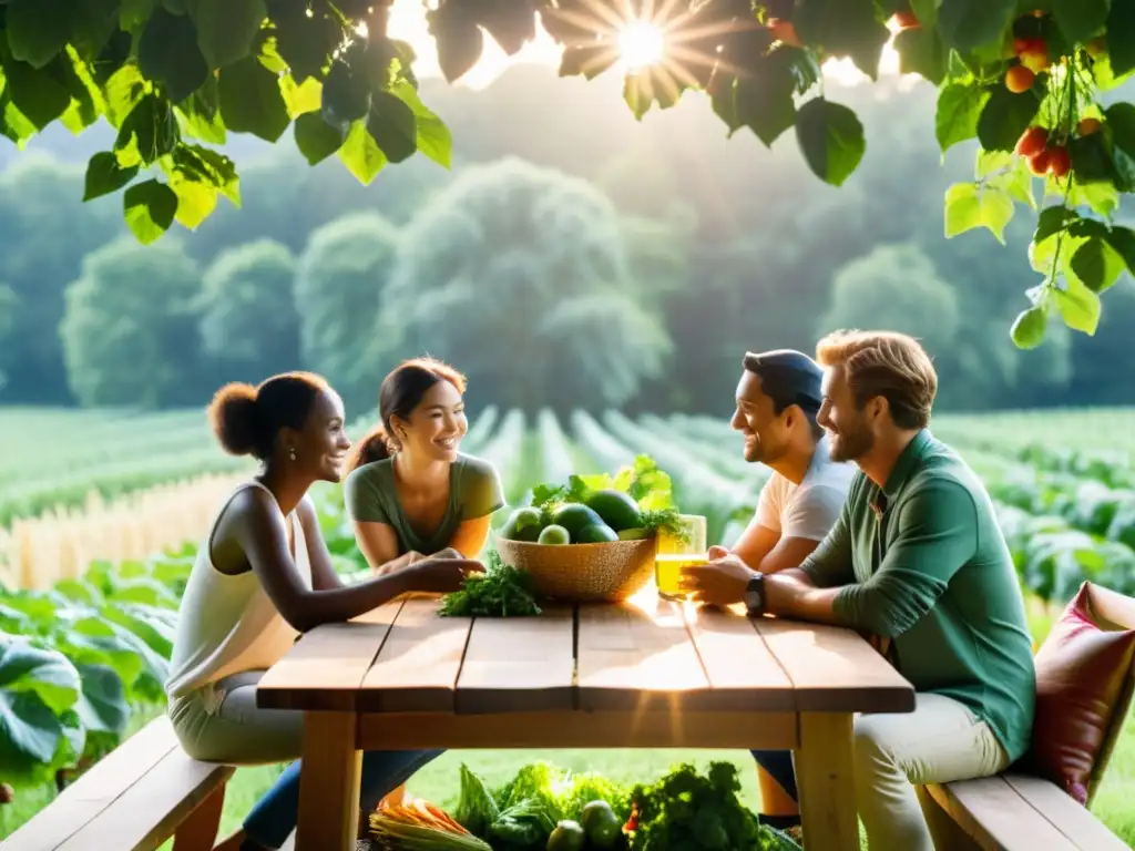 Un grupo diverso disfruta de una animada conversación alrededor de una mesa de madera larga, rodeados de campos verdes y productos orgánicos