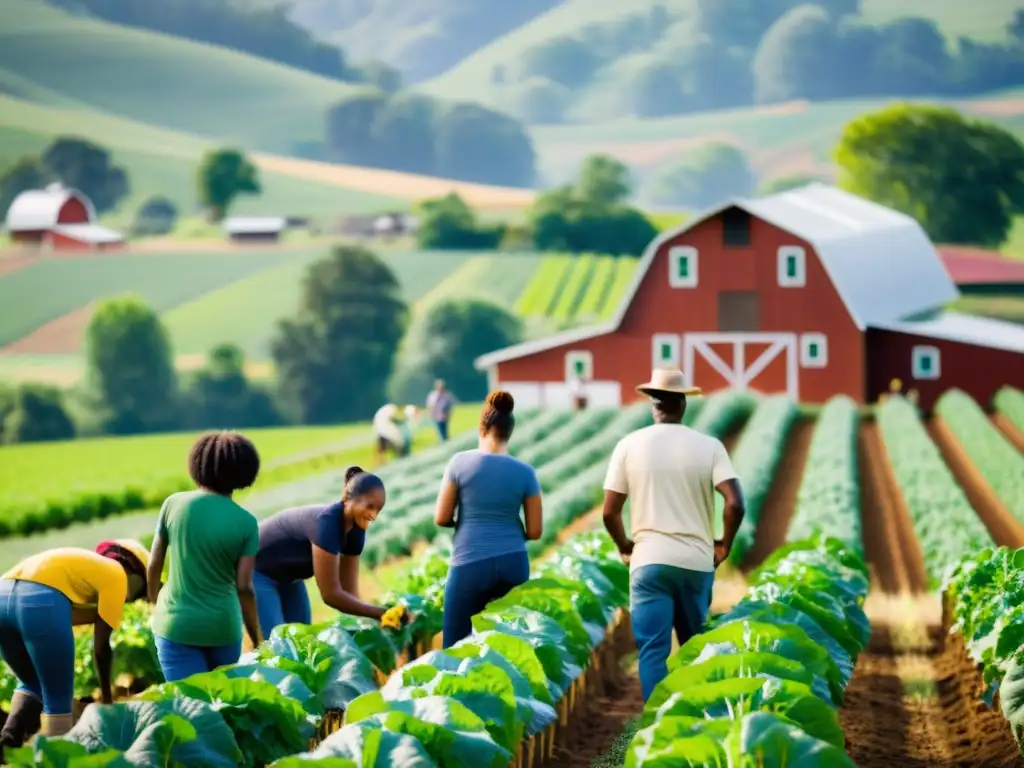 Un grupo diverso y apasionado trabaja juntos en una granja orgánica, cosechando cultivos y conversando