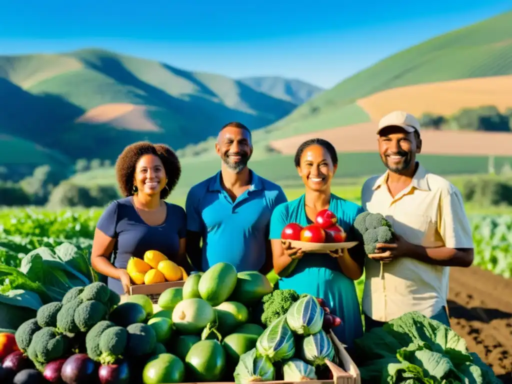 Grupo diverso de colaboración en granjas orgánicas, unidos en el campo con frutas y verduras, expresando unidad y determinación